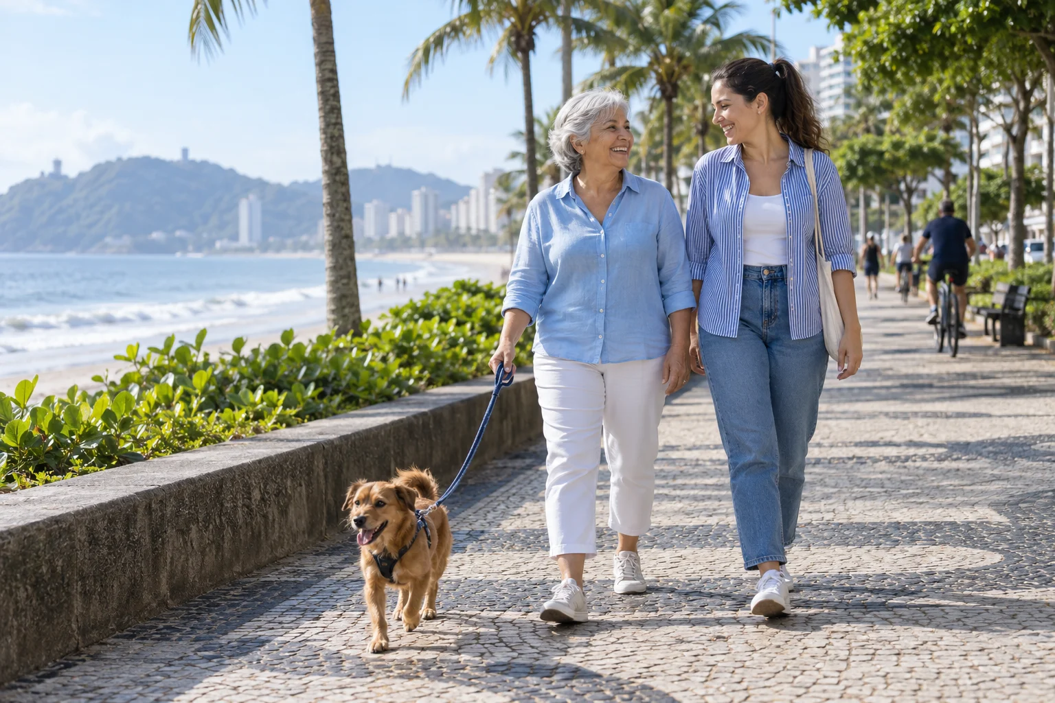 Imagem editorial gerada por IA: duas gerações e um pet em um passeio à beira-mar